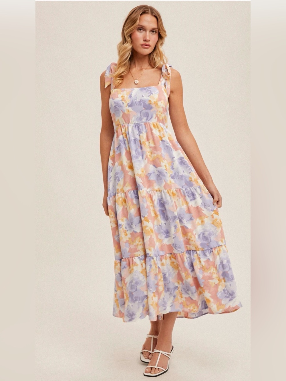 Hem & Thread Pastel Floral Tie-Shoulder Tiered Maxi Dress - Picture 3 of 8